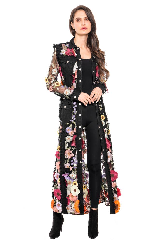 Adore - Long Denim Embroidered Duster Jacket