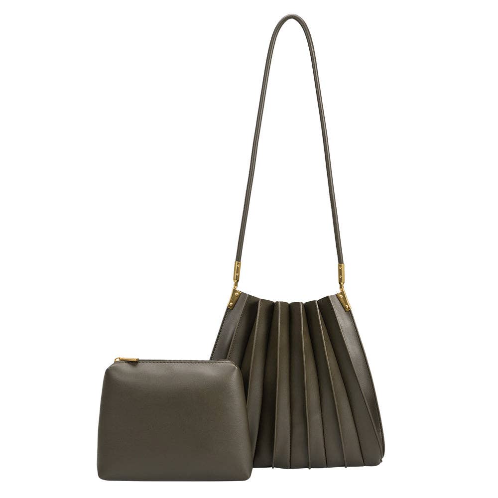 Melie Bianco Carrie Olive Pleated Vegan Leather Shoulder Bag