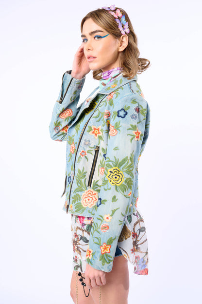 Aratta Lucinda Embroidered Denim Motorcycle Jacket