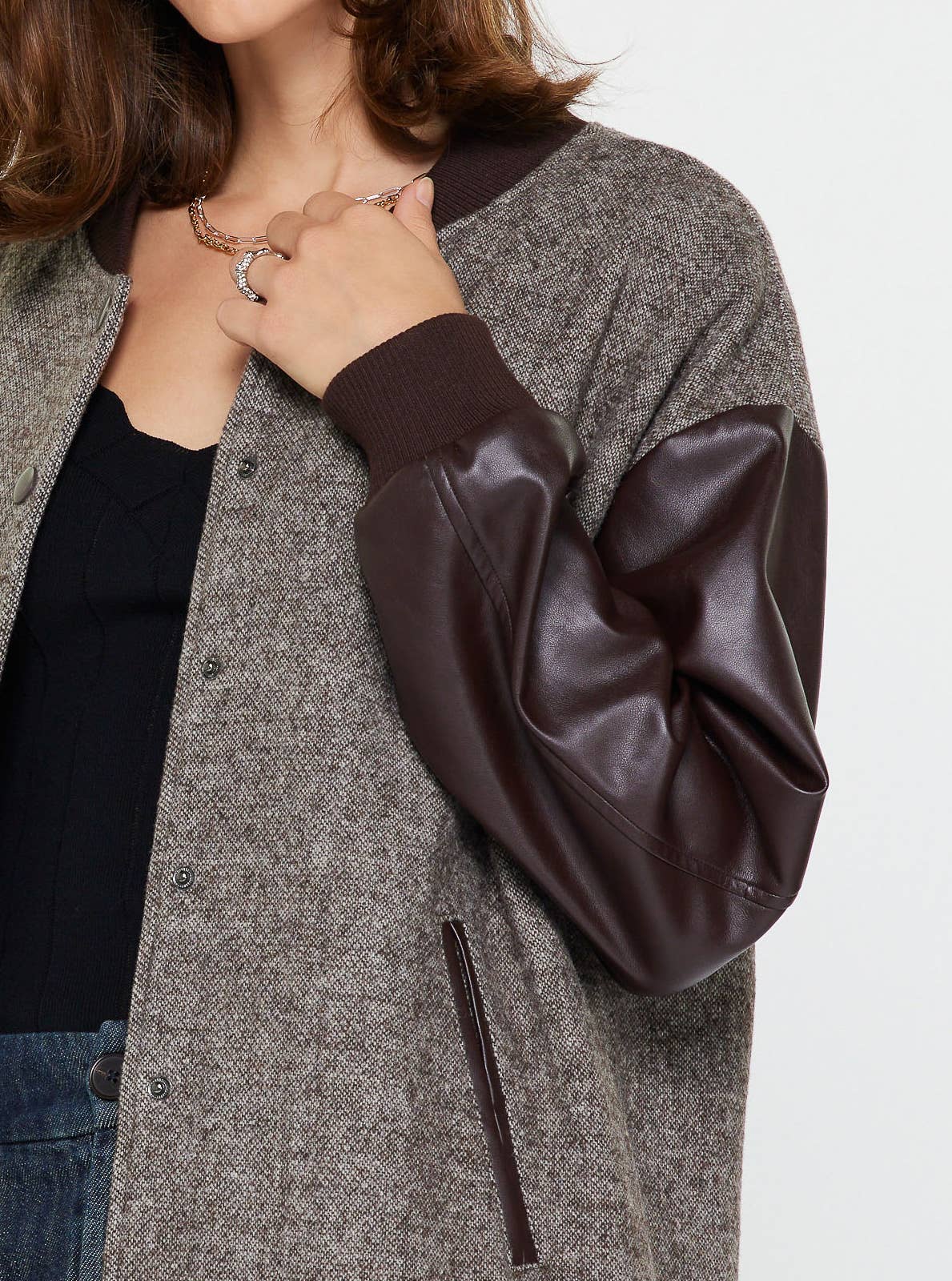 Current Air Oversized Pu Sleeve & Wool Blend Jacket