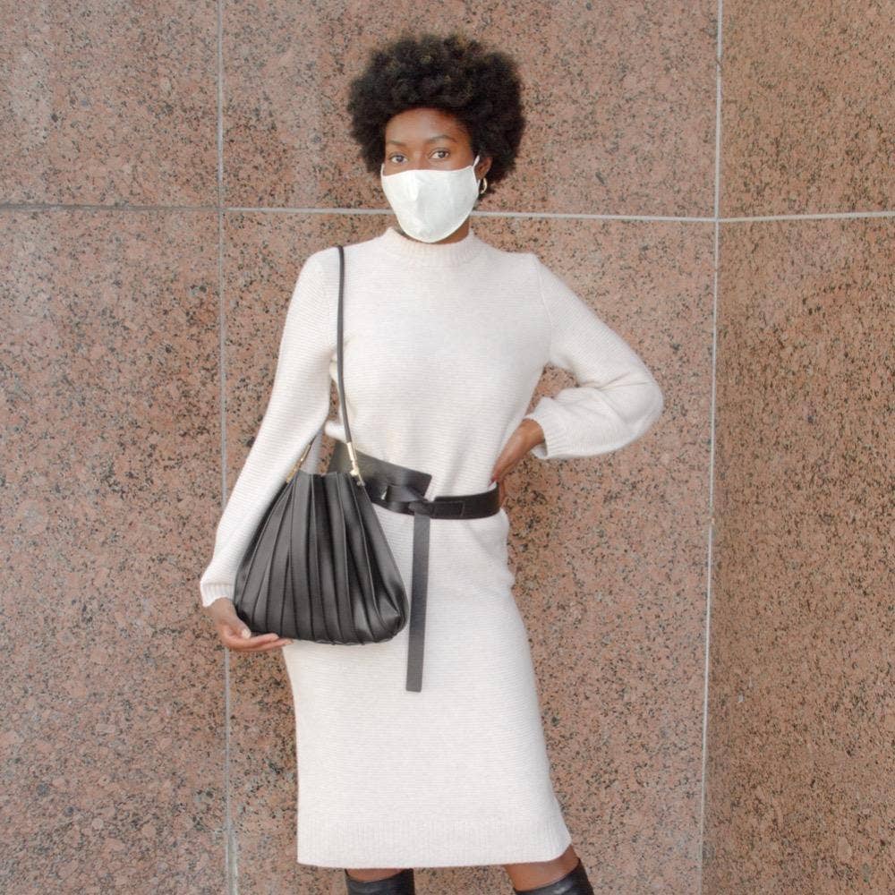 Melie Bianco Carrie Black Pleated Vegan Leather Shoulder Bag
