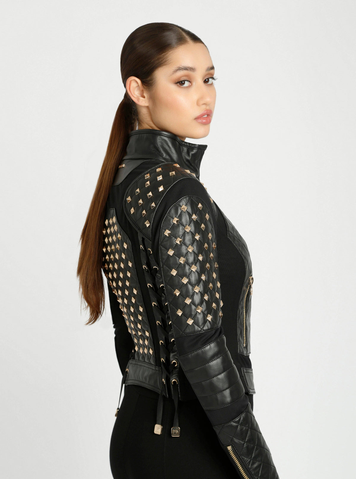 Blanc Noir Pyramid Stud Mesh Genuine Leather Moto Jacket