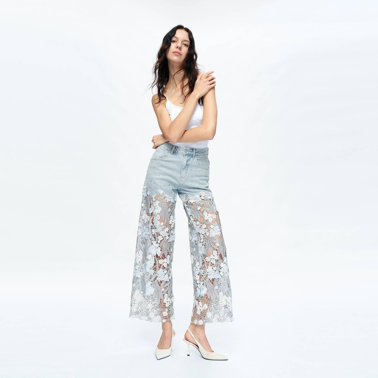 BAYEAS HIGH RISE WIDE LEG JEANS WITH LACE SPLICED