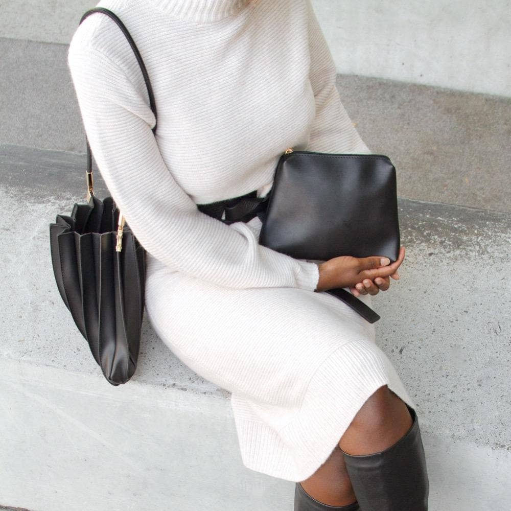 Melie Bianco Carrie Black Pleated Vegan Leather Shoulder Bag