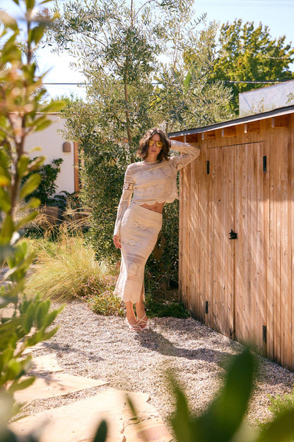 FLORAL CROCHET MIDI SKIRT WITH SIDE SLIT