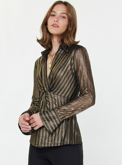 Current Air Metallic Striped Twist-Front Blouse