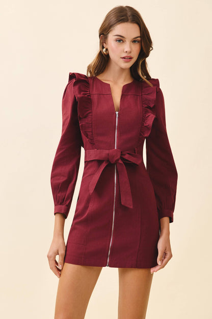 Structured Front Zipper Closures Ruffle Trim Dress