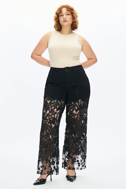 Bayeas Plus Crystal Embellished Black Lace Jeans