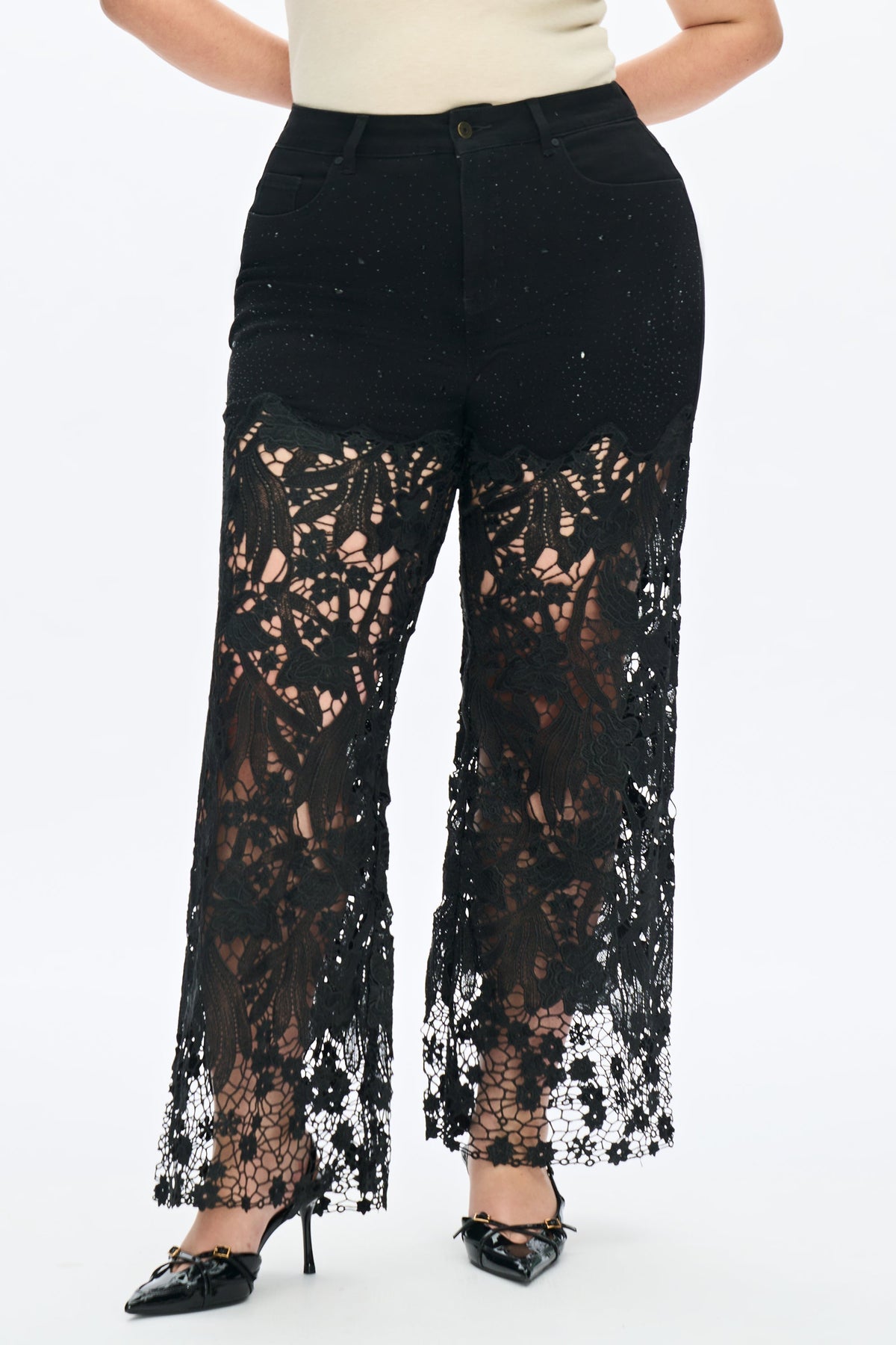 Bayeas Plus Crystal Embellished Black Lace Jeans