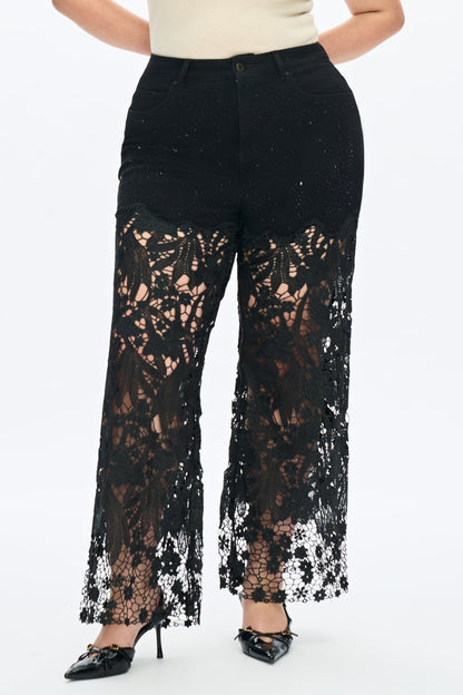 Bayeas Plus Crystal Embellished Black Lace Jeans