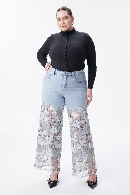 Bayeas Plus Crystal Embellished Lesley Blue Lace Jeans