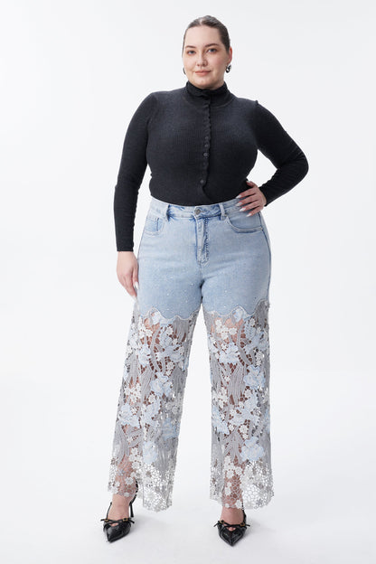 Bayeas Plus Crystal Embellished Lesley Blue Lace Jeans
