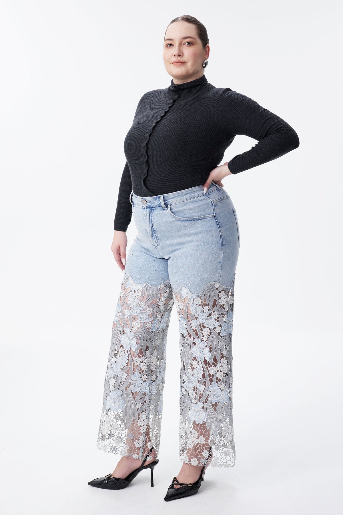 Bayeas Plus Crystal Embellished Lesley Blue Lace Jeans