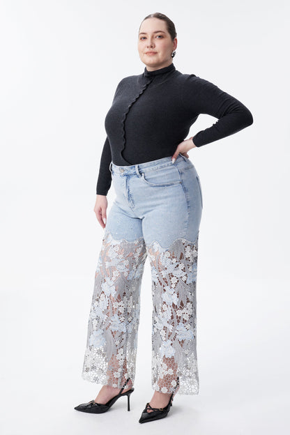 Bayeas Plus Crystal Embellished Lesley Blue Lace Jeans