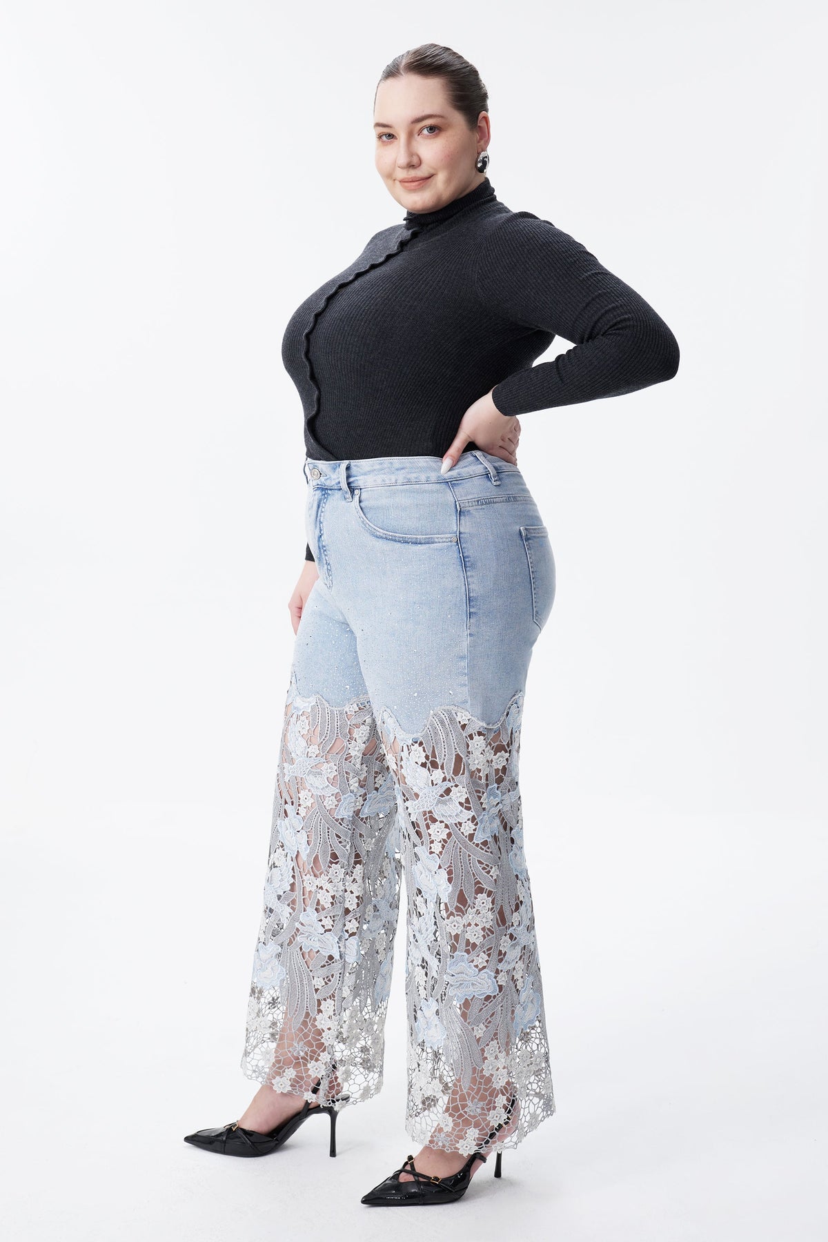 Bayeas Plus Crystal Embellished Lesley Blue Lace Jeans