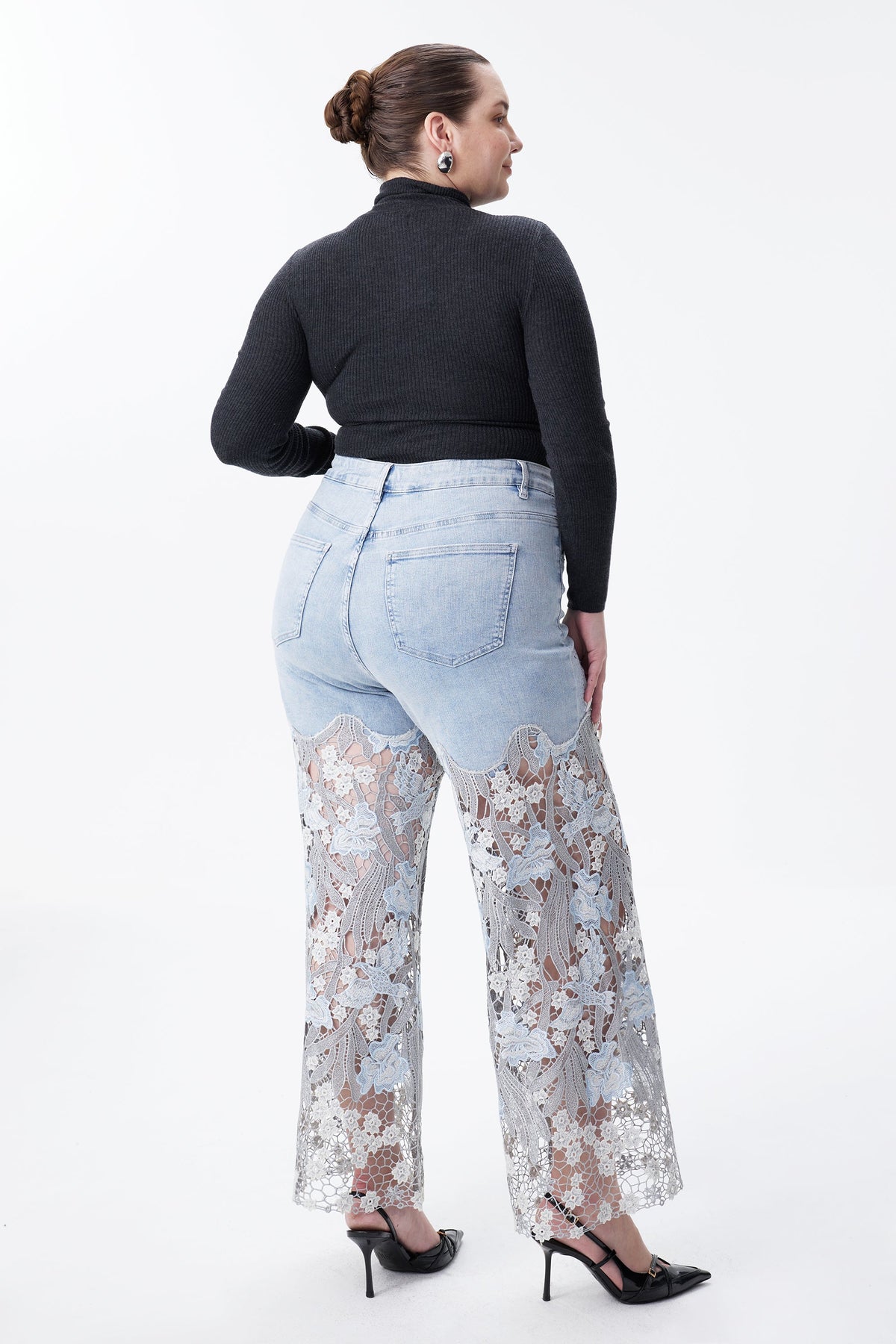 Bayeas Plus Crystal Embellished Lesley Blue Lace Jeans