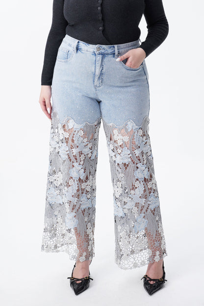 Bayeas Plus Crystal Embellished Lesley Blue Lace Jeans