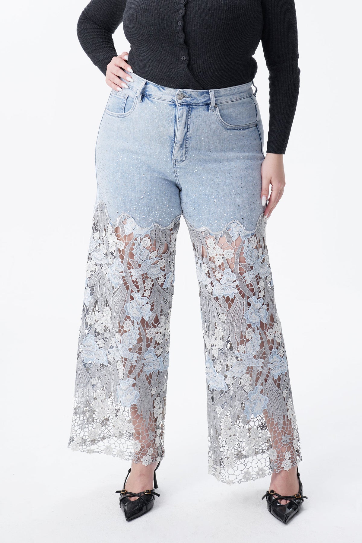 Bayeas Plus Crystal Embellished Lesley Blue Lace Jeans