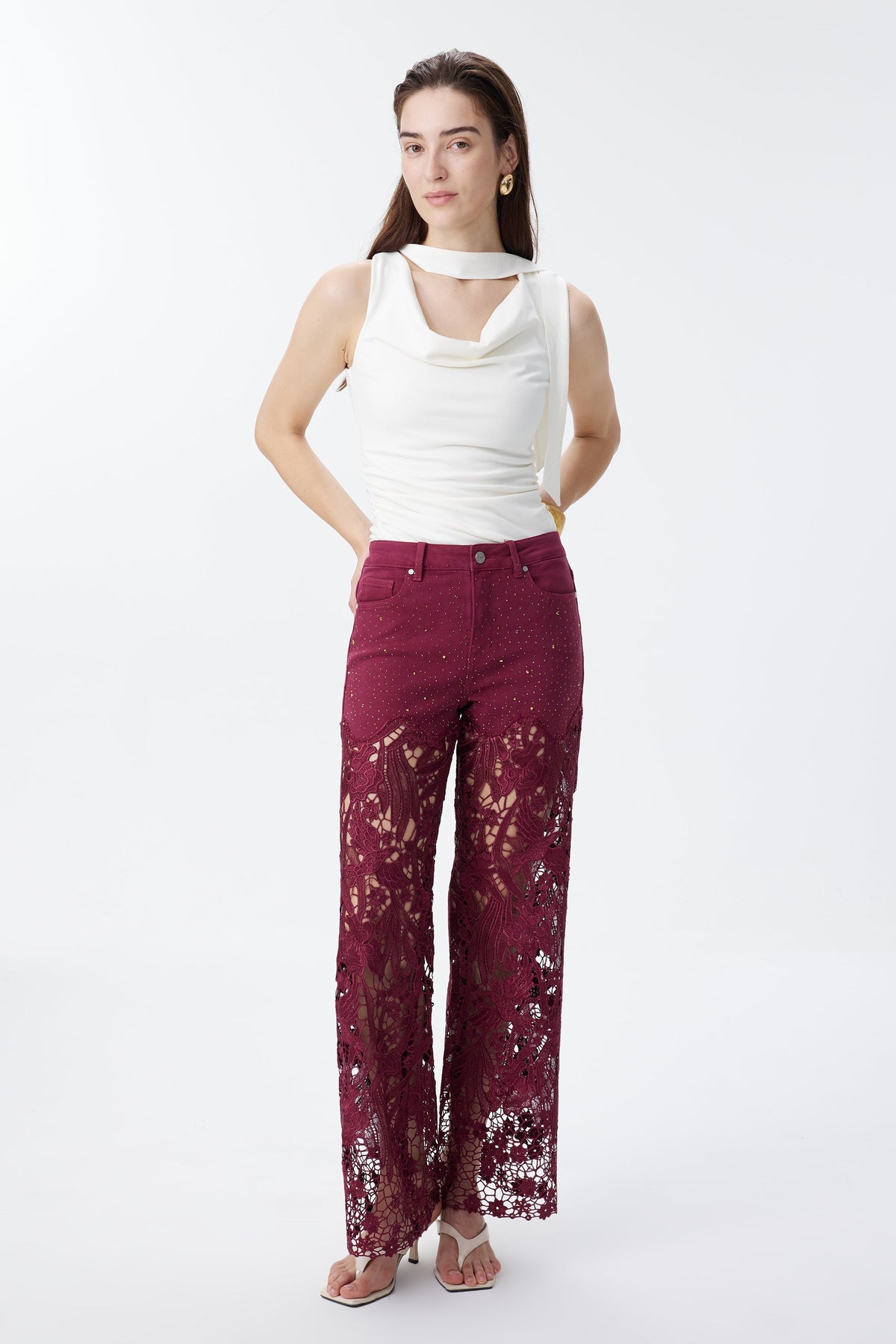 Bayeas Crystal Embellished Wine Lace Jeans