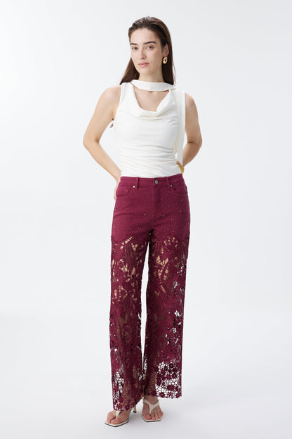 Bayeas Crystal Embellished Wine Lace Jeans