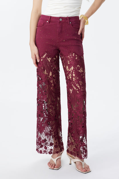 Bayeas Crystal Embellished Wine Lace Jeans