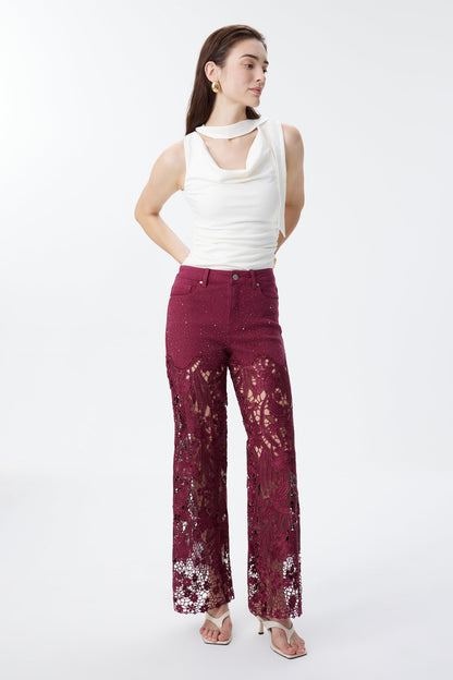 Bayeas Crystal Embellished Wine Lace Jeans