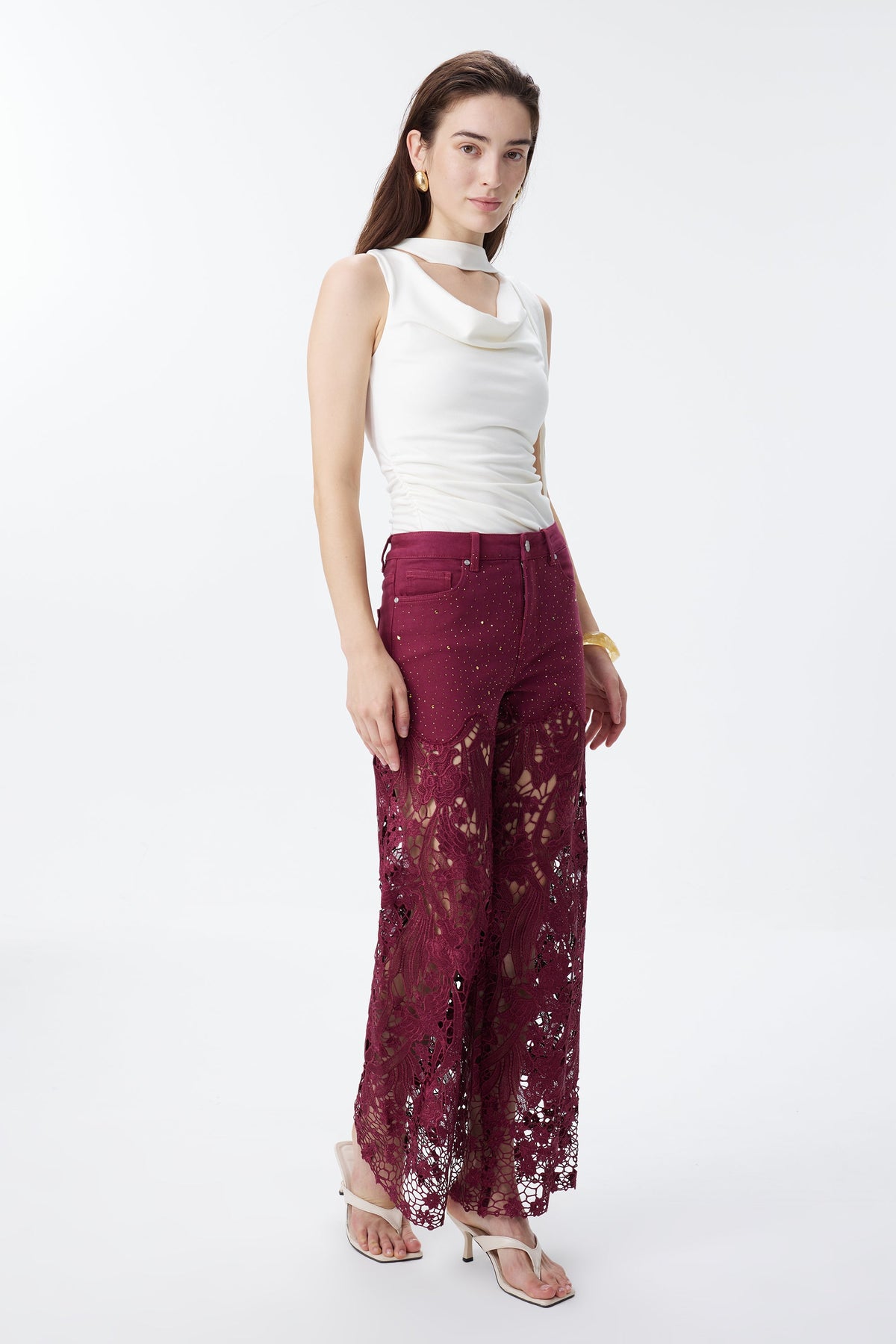 Bayeas Crystal Embellished Wine Lace Jeans