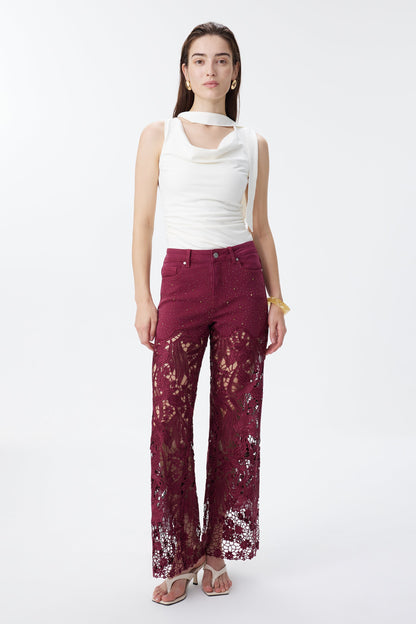 Bayeas Crystal Embellished Wine Lace Jeans