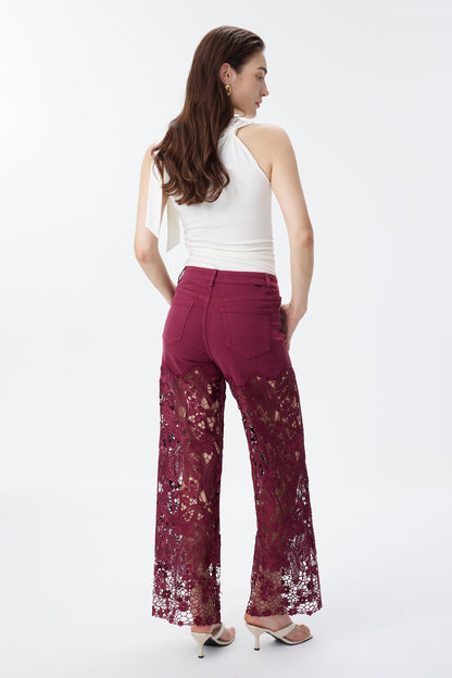 Bayeas Crystal Embellished Wine Lace Jeans