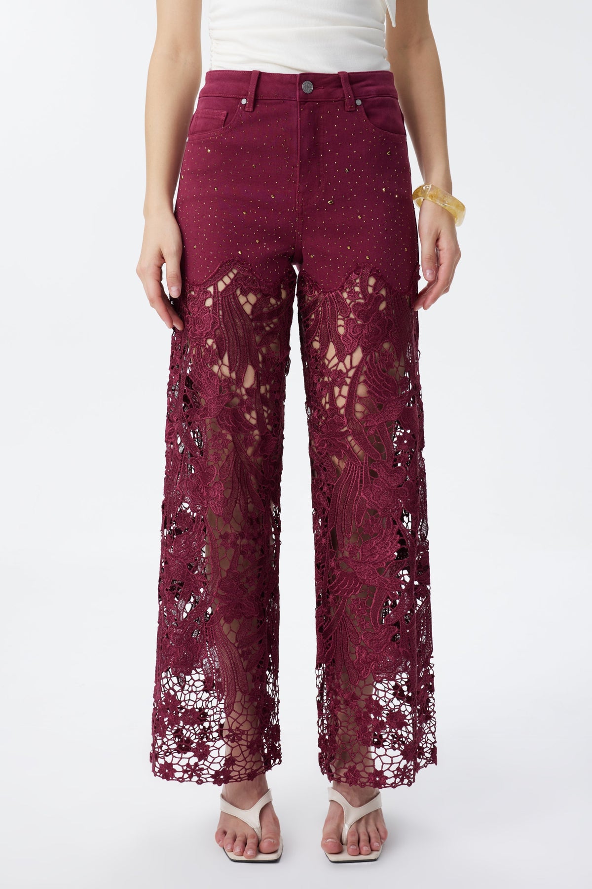 Bayeas Crystal Embellished Wine Lace Jeans