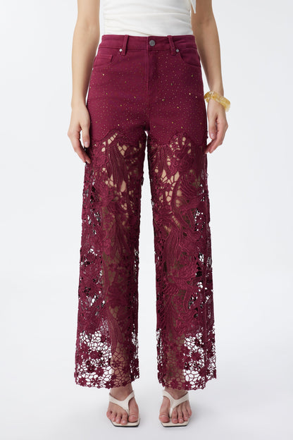 Bayeas Crystal Embellished Wine Lace Jeans