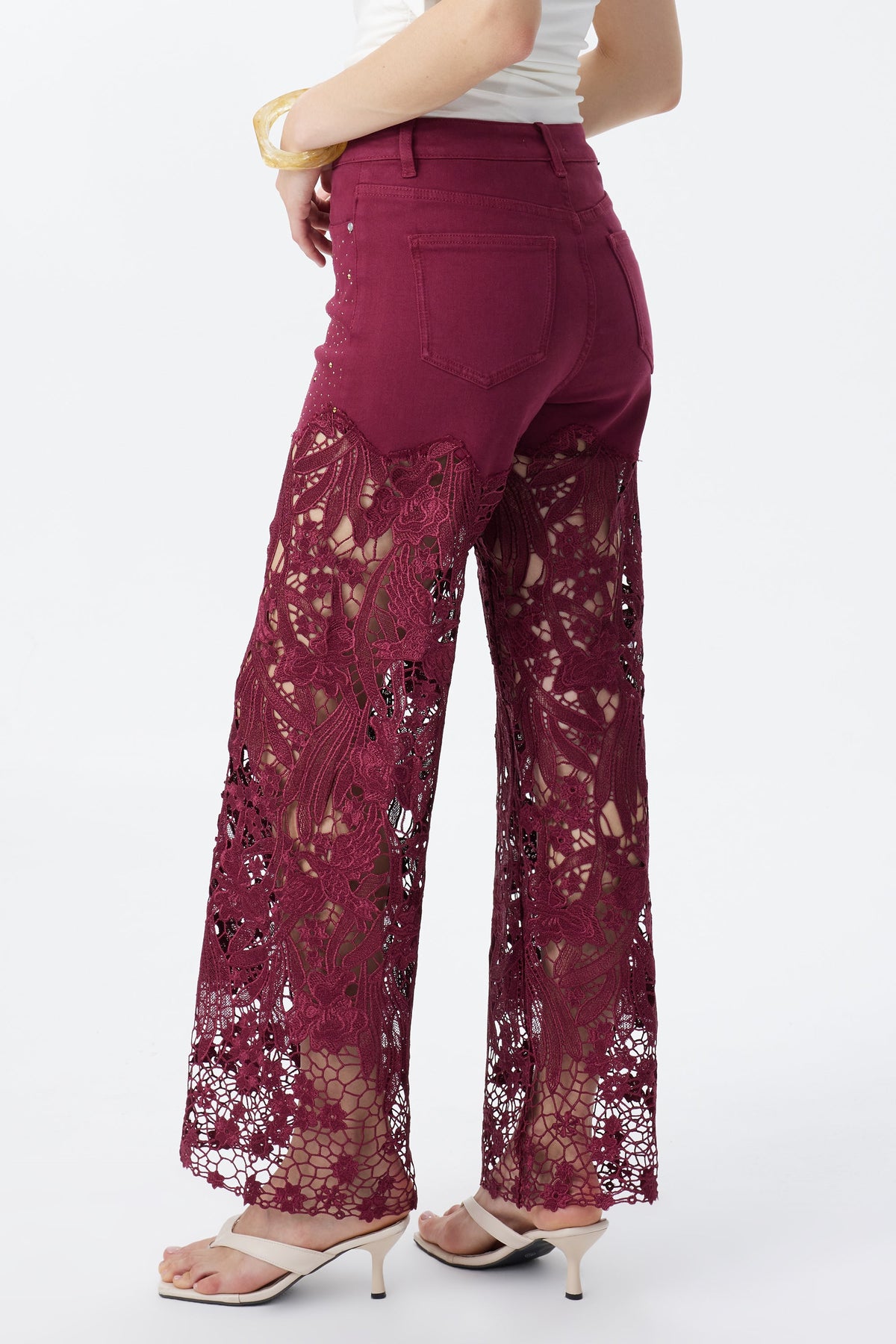 Bayeas Crystal Embellished Wine Lace Jeans