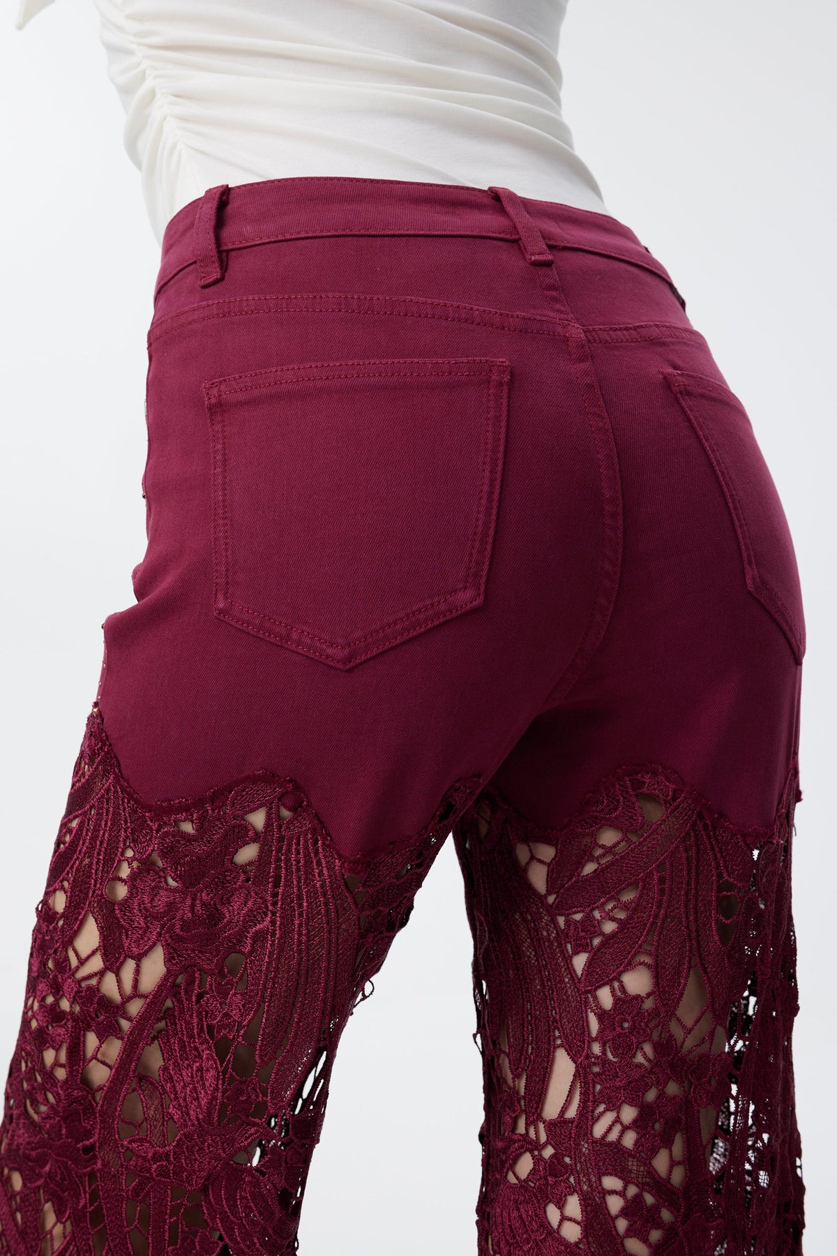 Bayeas Crystal Embellished Wine Lace Jeans