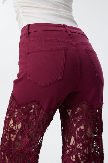 Bayeas Crystal Embellished Wine Lace Jeans