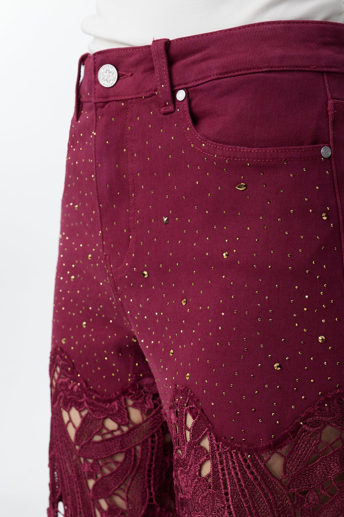 Bayeas Crystal Embellished Wine Lace Jeans