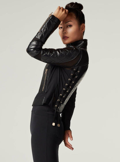Blanc Noir Mesh Moto Jacket with Black Leather & Gold Trims - Gold Collection with Lace Up Back