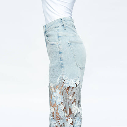 BAYEAS HIGH RISE WIDE LEG JEANS WITH LACE SPLICED
