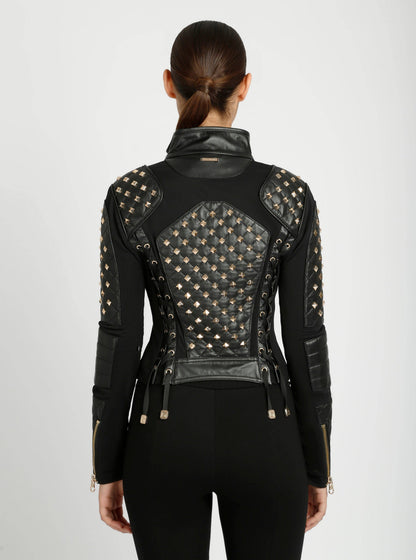 Blanc Noir Pyramid Stud Mesh Genuine Leather Moto Jacket