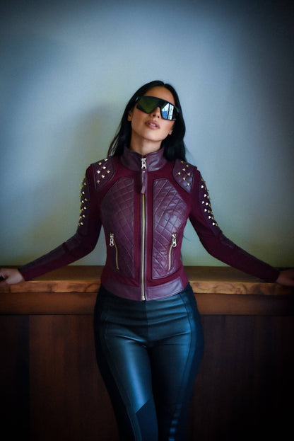 Blanc Noir Pyramid Stud Mesh Genuine Leather Moto Jacket