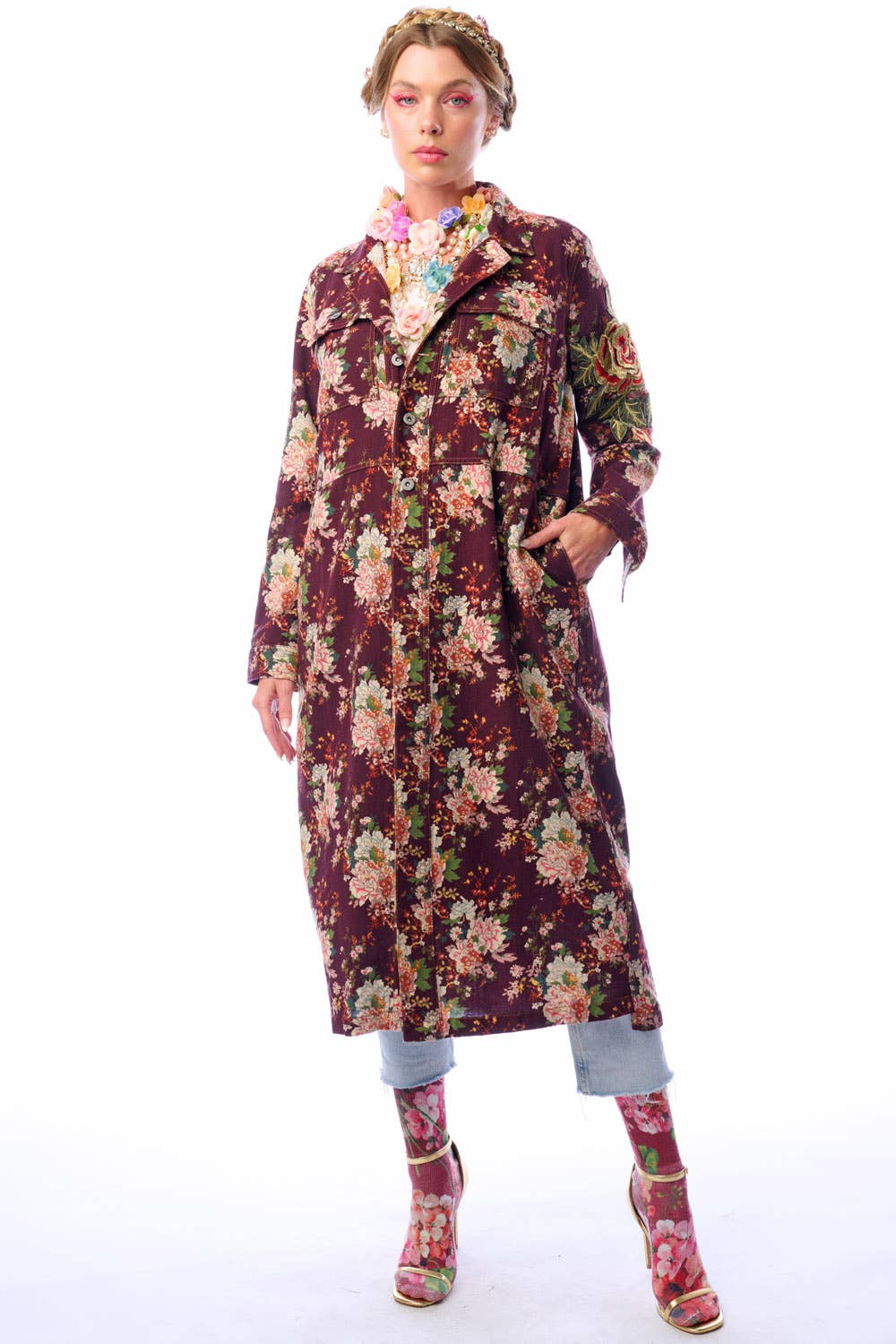Aratta Cara Delvinge Burgundy Floral Coat