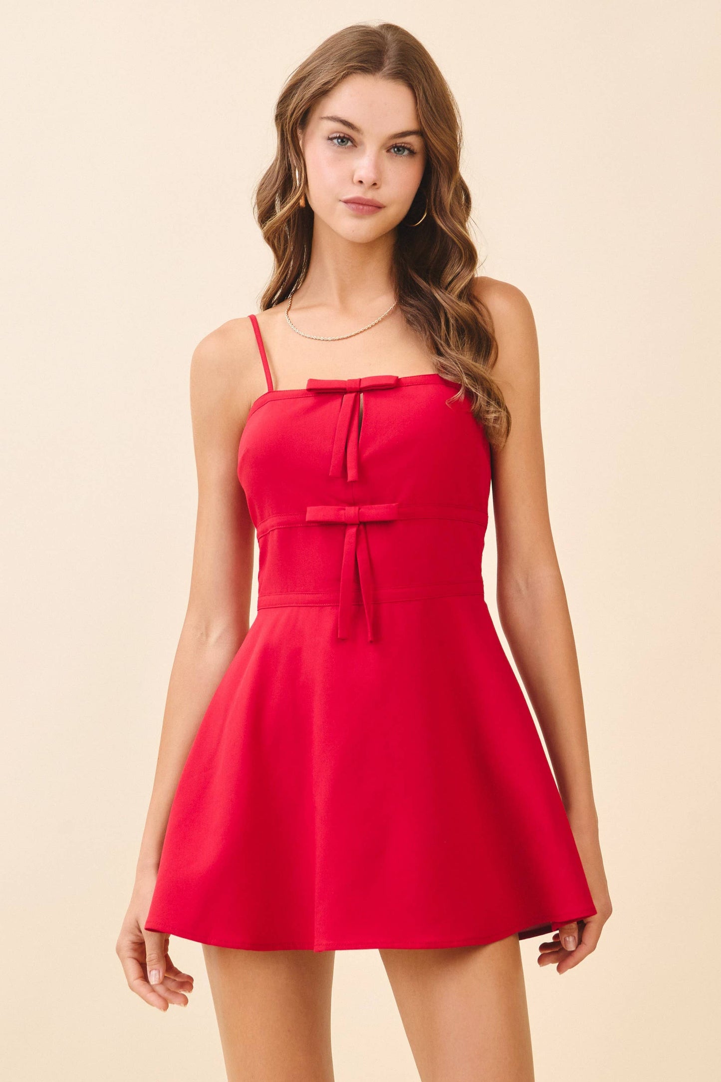 CD06241-Straight Neck Two Front Bow Detail Mini Dress