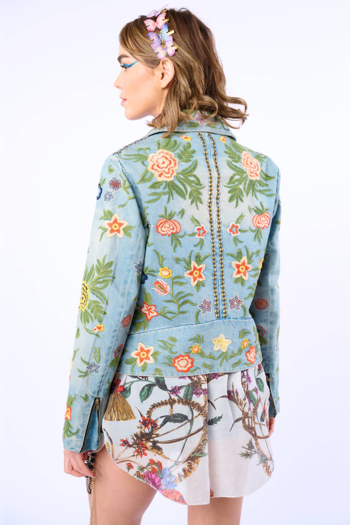 Aratta Lucinda Embroidered Denim Motorcycle Jacket