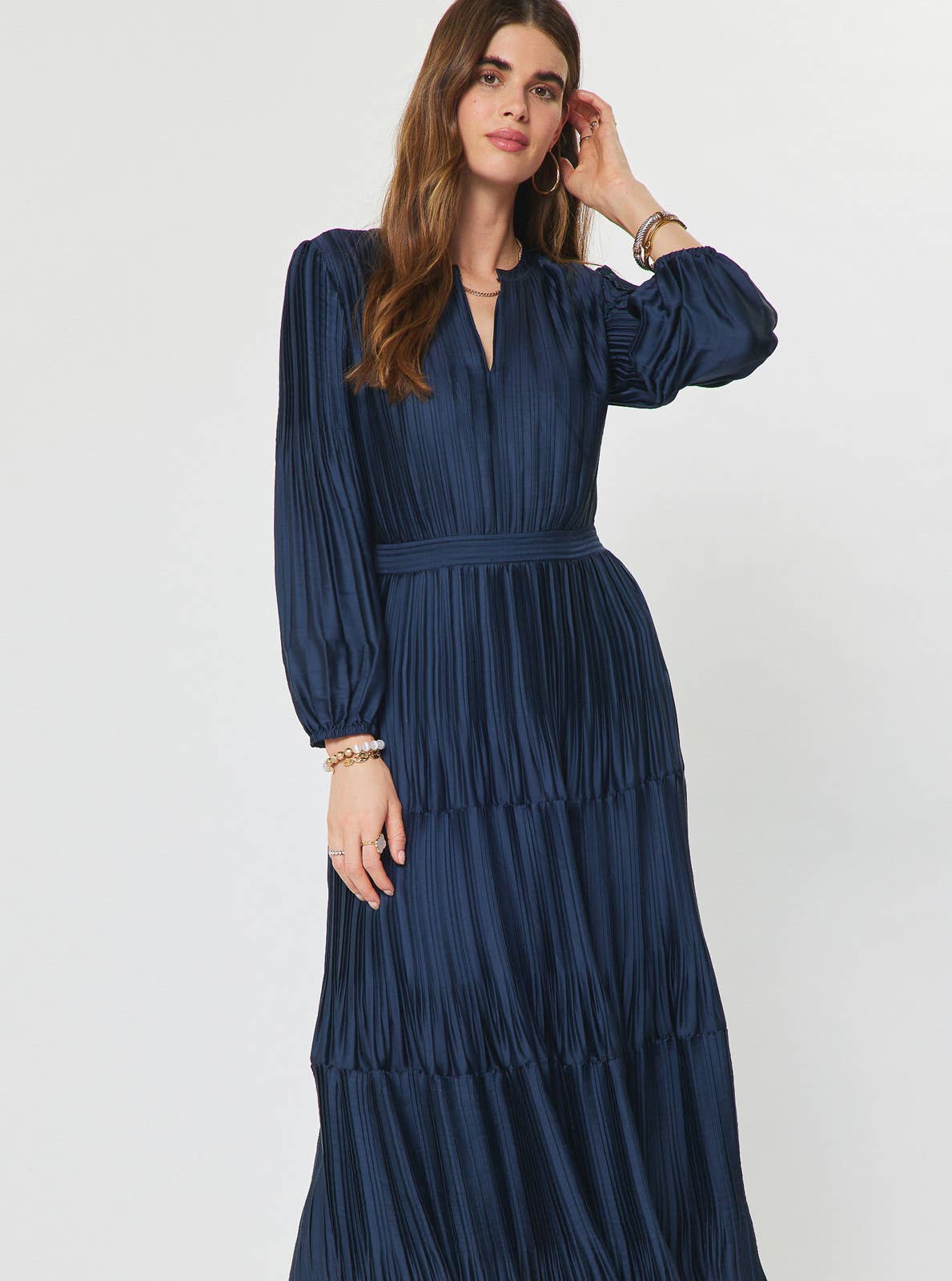 Current Air Pleated Long Sleeve Maxi Dress