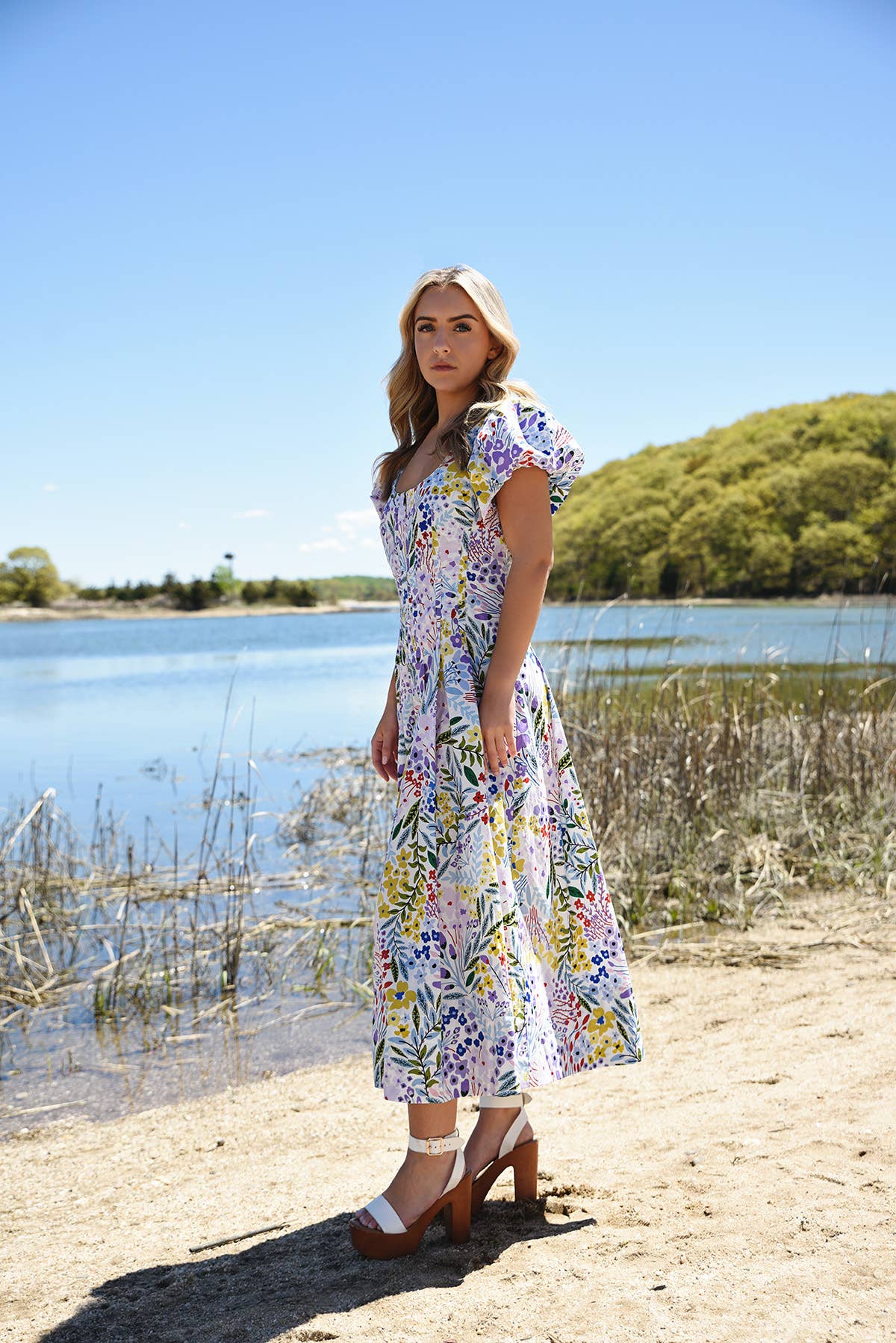 Jessie Zhao Purple Garden Scoop Neck Cotton Midi Dress