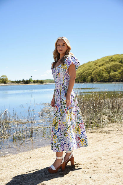 Jessie Zhao Purple Garden Scoop Neck Cotton Midi Dress