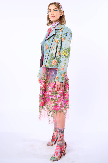 Aratta Lucinda Embroidered Denim Motorcycle Jacket