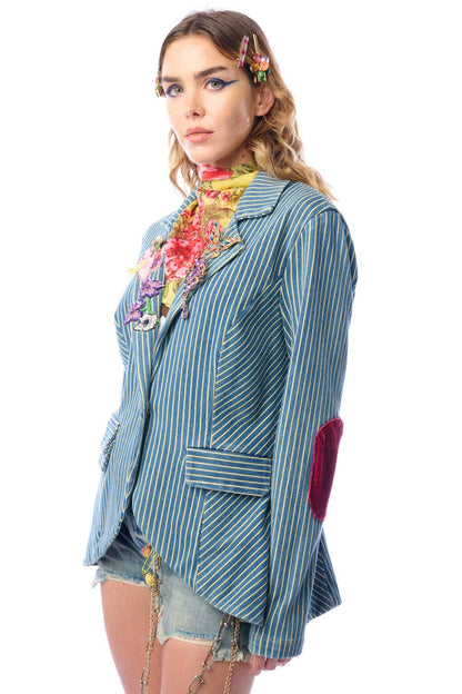 Aratta Alaia Stripe Denim Blazer with Lapel Embellishments
