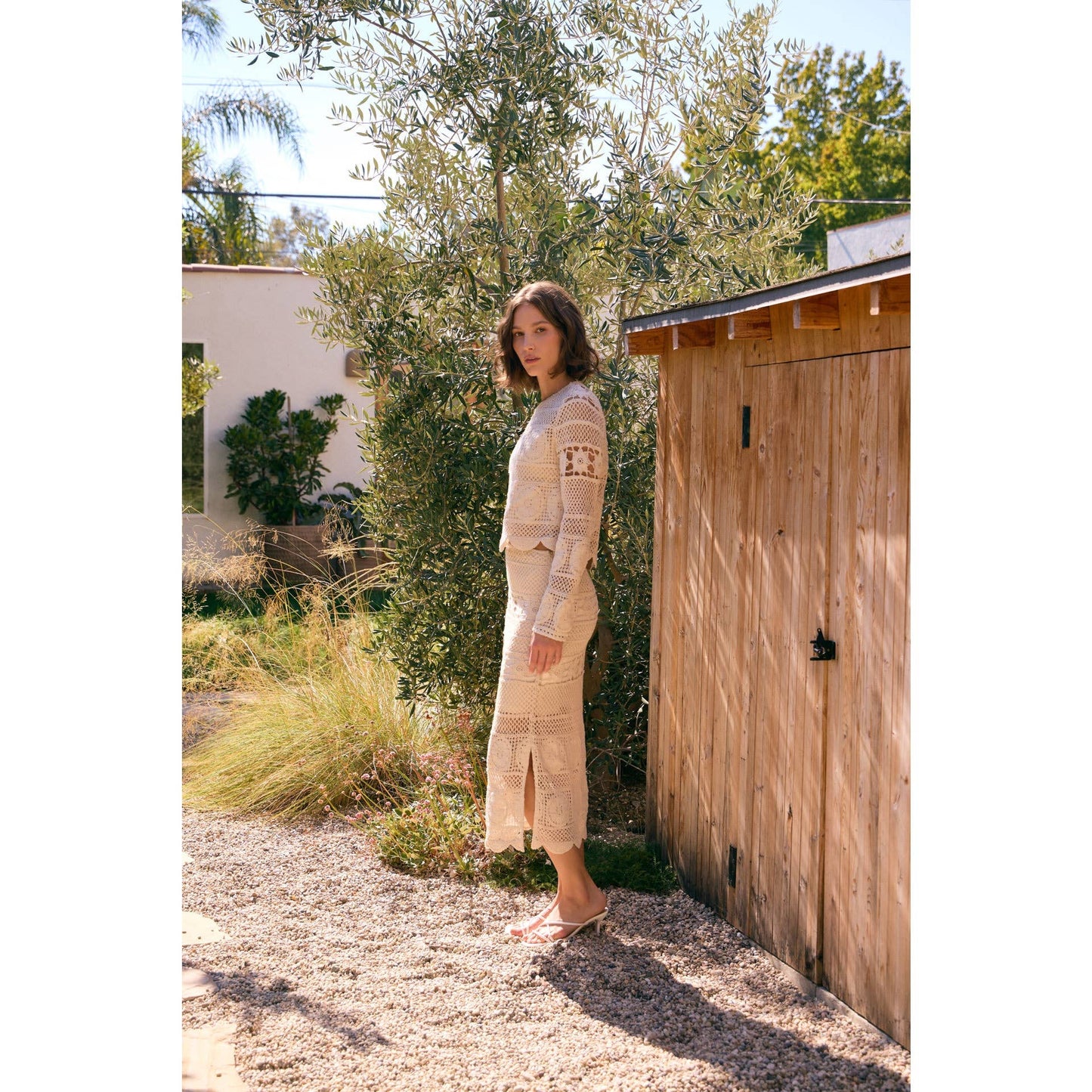 FLORAL CROCHET MIDI SKIRT WITH SIDE SLIT