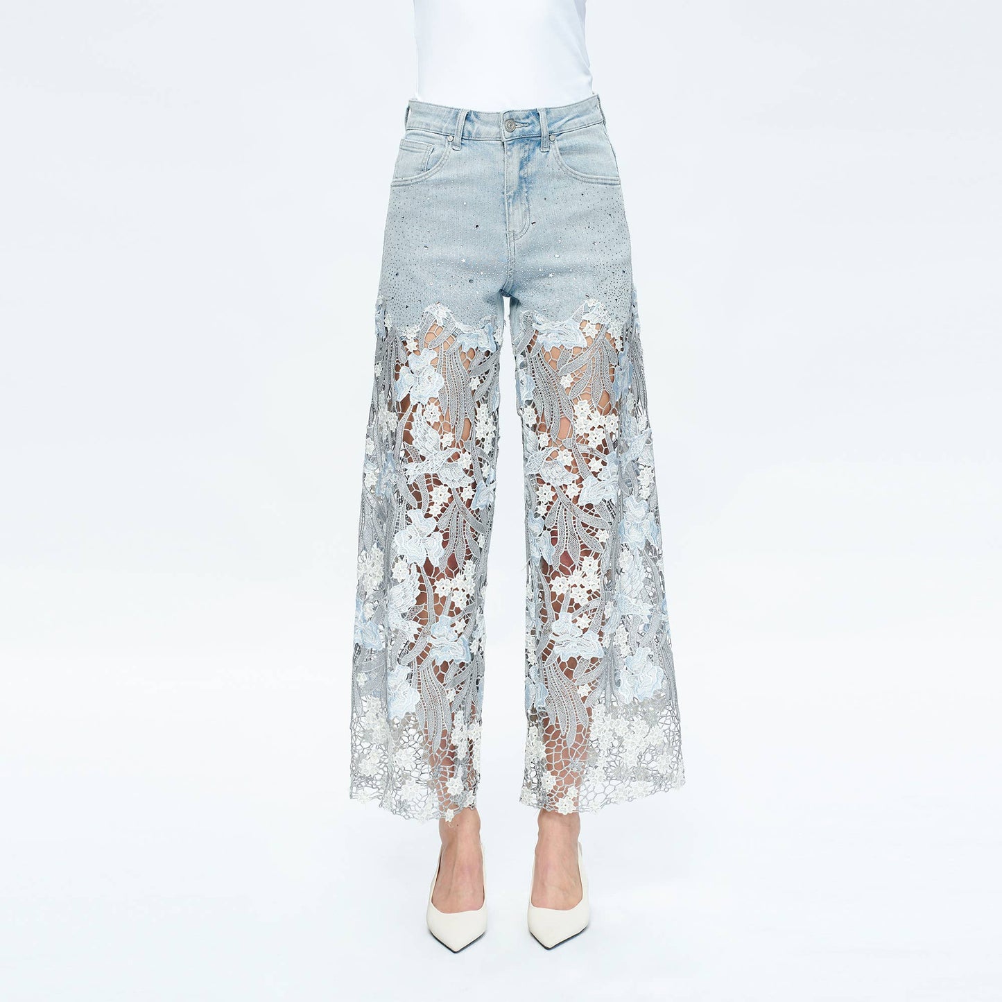 BAYEAS HIGH RISE WIDE LEG JEANS WITH LACE SPLICED