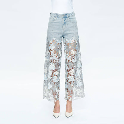 BAYEAS HIGH RISE WIDE LEG JEANS WITH LACE SPLICED